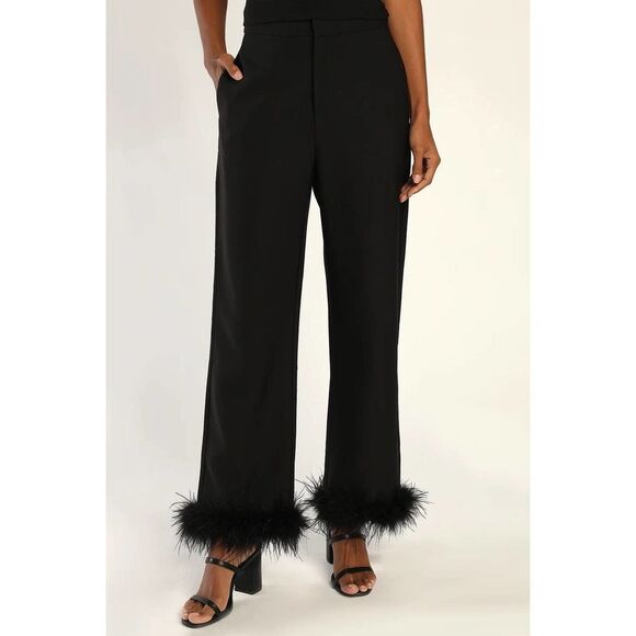 Lulu’s NWT Black Feather Trimmed Straight Leg Pants Size M - Picture 3 of 10
